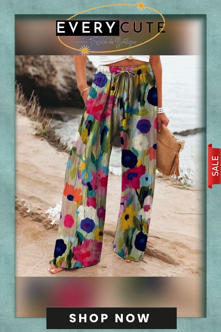 Chic Floral Print Side Pocket Pants Casual Floral Print Harem Pants For Summer, Bohemian Floral Print Pants For Beach Season, Bohemian Pants With Floral Print For Beach Season, Summer Multicolor Floral Wide Leg Pants, Wide Leg Floral Print Bottoms For Beach Season, High Waist Pants With Pockets For Beach Season, Summer Floral Print High-waisted Pants, Floral Print Summer Pants, Multicolor Floral Print Pants For Beach Season