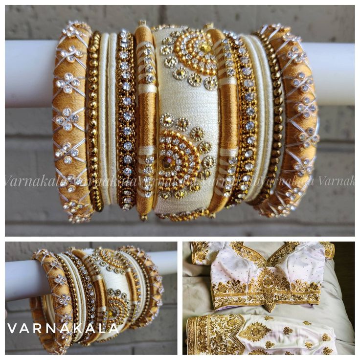 Silk Thread Bangles - Indian Bridal Designer Handmade Bangles - Pearl Ivory white & Gold - Set of 26 silk thread bridal bangles for both hands: QUANTITY: 1 FULL SET of 26 bangles for both hands HOW TO CUSTOMIZE YOUR BANGLE? Bangle color can be customized to any color of your choice. * You can choose your color from the drop-down menu or * Leave a NOTE TO SELLER on the color while purchasing or * Drop a message in ETSY CONVERSATION and leave your outfit picture with color preferences if any. DO Y Silk Bangles Design, Thread Bangles Silk Handmade Bridal, Traditional White Bridal Sets For Ceremonial Occasions, Traditional Festive White Wedding Attire, Traditional White Bridal Sets For Wedding, Festive White Bridal Sets For Marriage, Gold Embroidered Bracelets For Wedding, Traditional White Bracelets For Ceremonial Occasions, Traditional Embroidered Bracelets For Wedding