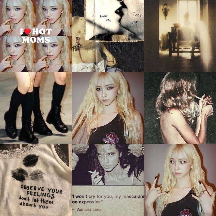 the collage has pictures of women with long blonde hair and black boots on them