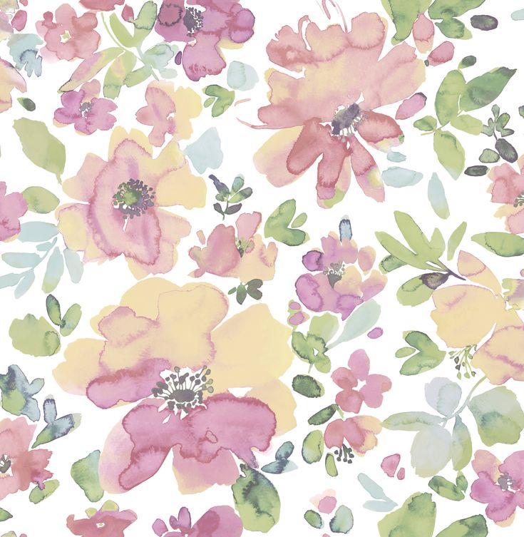 a floral wallpaper with pink, yellow and green flowers on white background in shades of pastel colors