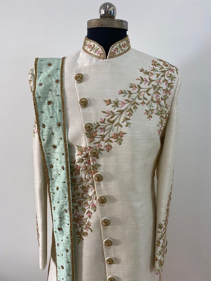 Raw silk Sherwani with beautiful zari embroidery .it gives you a elegant look. It comes with stole. Colour options available. Includes- sherwani , shawl and bottom Additional accessories like mojdi and Pagdi will be charged etc. White Sherwani, Sherwani For Men, Zari Embroidery, Kurta Pyjama, Groom Wear, Groom Outfit, Mens Costumes, Wedding Groom, Mens Clothing