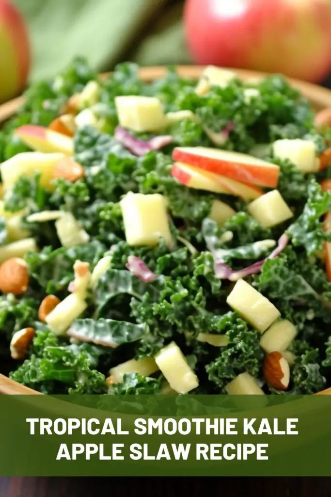 a close up of a bowl of food with apples in the background and text that reads tropical smoothie kale apple slaw recipe