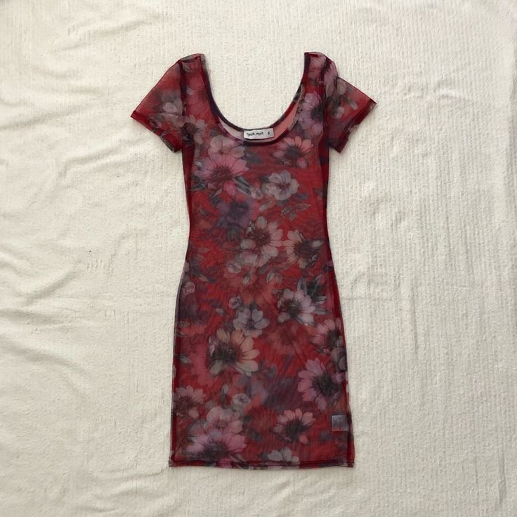 Red Dress With Floral Pattern. Short Sleeves. Mesh, So Have To Wear Something Underneath. Approx. 14” Pit To Pit, 11” Across Waist, 34” Long. Never Worn. In Excellent Condition. 100% Polyester. Hand Wash. Full Care Information On Label. Open To Reasonable Offers. No Trades. Sheer Fitted Short Sleeve Dresses, Sheer Fitted Dresses With Short Sleeves, Fitted Red Mini Dress With Short Sleeves, Spring Stretch Burgundy Dress, Burgundy Stretch Dress For Spring, Red Fitted Dress With Short Sleeves, Red Fitted Mini Dress With Short Sleeves, Casual Sheer Fitted Dress, Fitted Burgundy Mini Dress For Summer