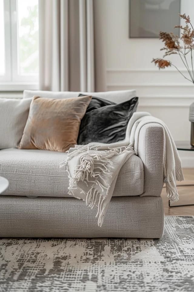 Cozy Grey Couch Rug Ideas for Chic Living Rooms Grey Couch Rug, Grey Couch Rug Ideas, Light Gray Couch Living Room, Light Grey Couch Styling, Cozy Grey Couch, Light Grey Couch, Couch Rug, Light Gray Couch, Gray Couch