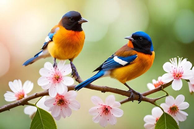 two colorful birds sitting on top of a branch with white and blue flowers in the background