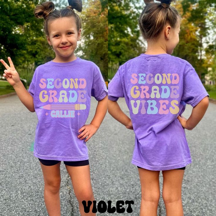 Custom Second Grade Vibes Shirt, Comfort Colors, Second Grade Kid Shirt, Back To School Shirt, Custom Name Shirt, First Day Of School Shirt Get your little one ready for a fantastic school year with our custom "Second Grade Vibes" shirt! Perfect for celebrating the start of a new grade, this shirt is designed to make your child feel special and excited about their second grade adventure. Crafted from high quality, soft cotton, this shirt offers maximum comfort and durability, perfect for an acti Purple Short Sleeve T-shirt For School Spirit, Summer School Spirit Short Sleeve Shirt, Purple Short Sleeve School T-shirt, Purple Short Sleeve T-shirt For School, Purple Short Sleeve Shirt With Letter Print, Cute Purple Short Sleeve Shirt, Casual Purple School Top, Purple Short Sleeve Shirt With Text Print, Multicolor Short Sleeve Shirt For School Spirit