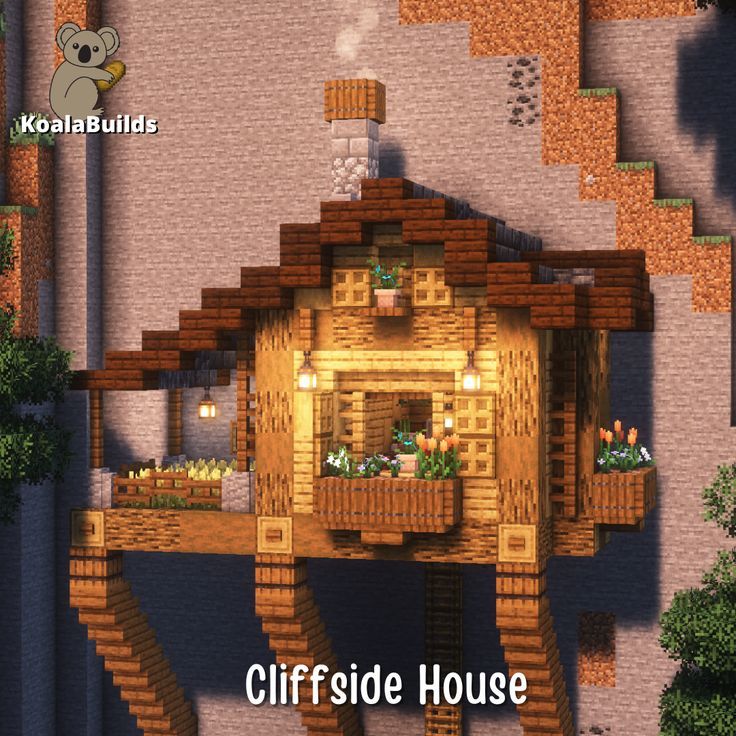 an image of a house made out of wood and bricks with the words cliff side house