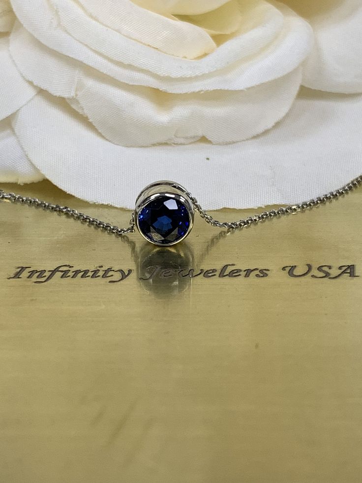 Sapphire floating pendant, bezel set necklace 14k white gold , 18 inch diamond cut cable chain #5871 #GiftsForHer #BridalGift #FloatingNecklace #TravelNecklace #BridalSet #GiftForHer #NecklaceGift #SapphirePendant #BridalJewelry #BirthdayGift Bezel Set Necklace, Travel Necklace, Country Rings, Floating Necklace, Bezel Necklace, White Gold Set, Sapphire Pendant, Set Necklace, September Birthstone