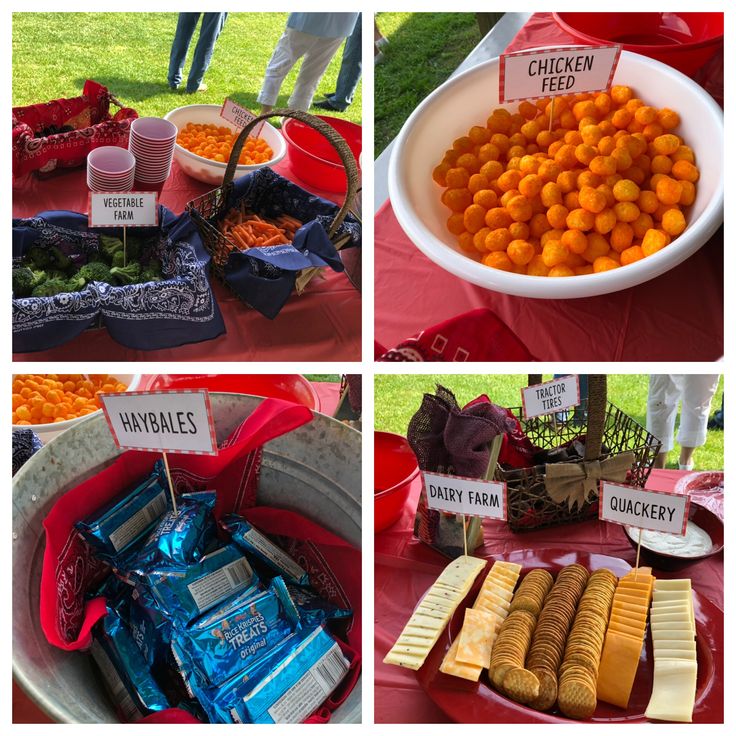 four pictures show different foods on display at an outdoor event, including carrots and crackers