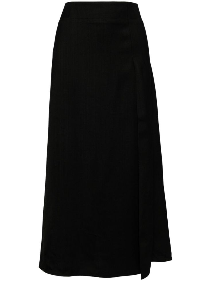 black twill weave draped design asymmetric design pleat detailing mid-rise belt loops straight leg long length asymmetric hem Studio Nicholson, Wedding Guest Looks, Yoko London, Designer Drapes, City Dress, Outfit Hijab, Twill Weave, Asymmetrical Design, Summer Beach Wear