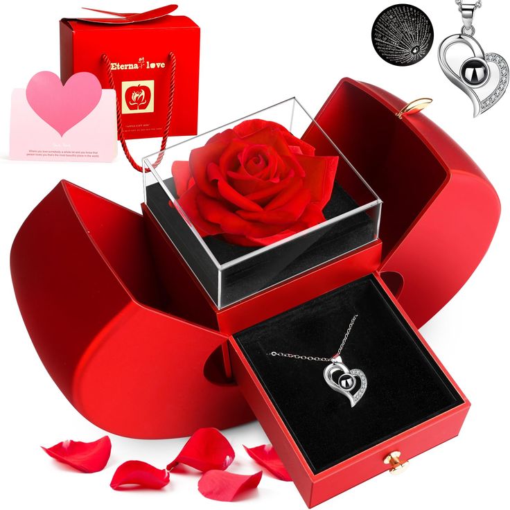 PRICES MAY VARY. 💗🌹 【Preserved Real Rose】 What could be more attractive to women than these two things? Preserved red rose gift box is a romantic gift with unique design, meaning unique love. The preserved real rose never withers, forever rose, meaning eternal love. The preserved red roses gift box symbolize romantic love, harmonious family and close friendship. Preserved roses can be stored for 3-5 years without watering and management. 💗🌹 【I Love You Necklace 100 Languages】 Unique design h Rose Meaning, Rose Gifts, Roses Gift, Heart Shaped Pendant Necklace, Forever Rose, Real Rose, Preserved Roses, Rose Gift, Presents For Mom