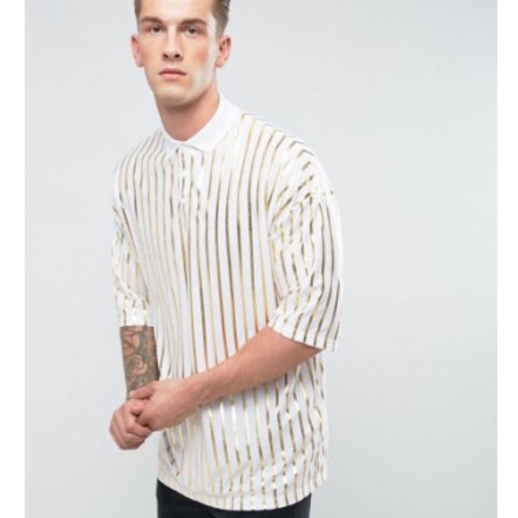 Asos Oversized Polo With Gold Metallic Vertical Stripe Xl Brand New, Never Worn Modern White Shirt For Spring, Trendy White Collared Shirt, Trendy Oversized White Shirt, Gold Casual Shirt For Spring, Oversized White Spring Tops, Casual Gold Shirt For Spring, Oversized White Collared Shirt, White Oversized Collared Top, Oversized White Collared T-shirt