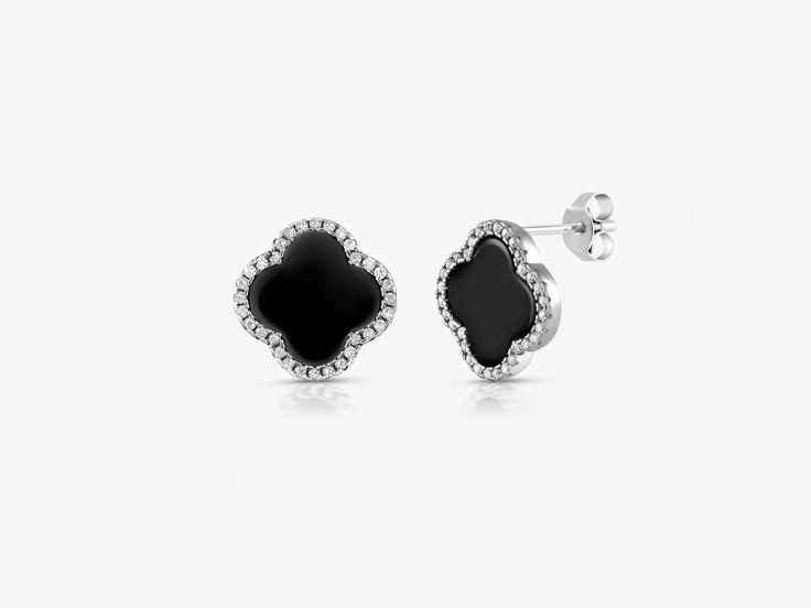 Black Onyx Silver Earrings , Onyx silver Studs, Black Gemstone, Four Leaf Clover, Minimalist Earrings, Modern Studs, Bridesmaid Earrings Beautiful clover shape black onyx studs are shiny and gorgeous. Best jewelry for women, girls to attend parties, weddings or any other activities. .CRAFTED : 925 Sterling Silver Rhodium Plated for a life-time luster. Posts ensure earrings are securely and comfortably in place throughout your daily life. .SPECIFICATIONS & SIZES: Earrings Size: 10X10 mm. Tota Black Earrings With Diamond Accents, Black Diamond Accent Earrings For Anniversary, Black Pierced Earrings In Fine Jewelry Style, Black Pierced Earrings Fine Jewelry, Black Fine Jewelry Earrings, Black Cubic Zirconia Fine Jewelry Earrings, Black Diamond Earrings For Gift, Black Diamond Cubic Zirconia Earrings As Gift, Black Sterling Silver Fine Jewelry Earrings