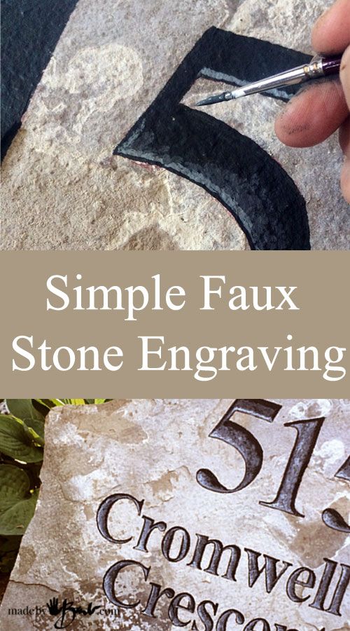 a hand holding a pen over a stone sign that says, simple faux stone engraving