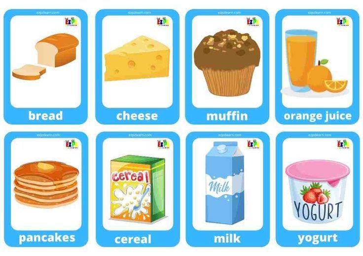 an english flash card with pictures of different foods and drinks on it, including milk, bread, muffins, orange juice, yogurt