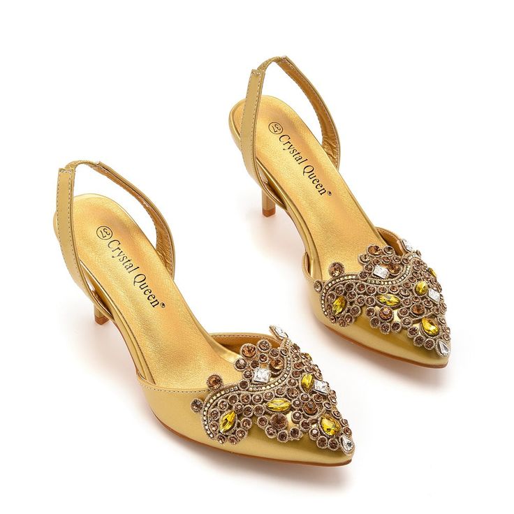 Details: Style: simple Embellishment: Rhinestone Heels Type: Stiletto Heel height: 7.5cm Closure Type: Slingback Toe: Pointed Toe Upper Material: PU Leather Sole Material: PVC Lining Material: PU Leather Gold Pointed Toe Sandals With Rhinestones, Gold Rhinestone Pointed Toe Sandals, Glamorous Embellished Gold Slingback Pumps, Glamorous Gold Embellished Slingback Pumps, Glamorous Gold Kitten Heels For Formal Occasions, Glamorous Gold Kitten Heels For Formal Events, Embellished High Heel Slingback Pumps For Prom, Elegant Gold Kitten Heels For Spring, Gold Wedding Shoes With Rhinestones For Events