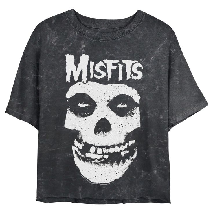 Celebrate the legendary horror-punk band and pop culture icons, The Original Misfits with officially licensed apparel featuring the classic "Fiend Skull" and more! This Juniors' Misfits Classic Fiend Skull Logo Cropped Graphic T-Shirt features a large black and white graphic of the Misfits Fiend Skull mascot and logo across the front. Rock out to the genre-defining Misfits in ultimate style with these fun new tees for everyone! Misfits Crop Top, Skull Screen Print T-shirt For Concerts, Punk Band Logo Crew Neck Top, Alternative Style Graphic Print Tops For Fans, Edgy Halloween T-shirt With Screen Print, Edgy Screen Print Tops For Music Festivals, Alternative Black Distressed T-shirt, Halloween Crew Neck Tops With Band Logo, Pop Culture Band Logo Crew Neck Top