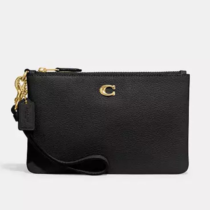 Nwt Coach Polished Pebble Leather Small Zip-Top Wristlet Details Polished Pebble Leather Two Credit Card Slots Zip-Top Closure, Fabric Lining Detachable Wrist Strap 7 1/2" (L) X 4 3/4" (H) X 1/2" (W) Fits An Iphone Or Android Coach Clutch Bag With Wrist Strap, Everyday Coach Leather Wristlet, Black Leather Bag With Wrist Strap, Black Rectangular Leather Wristlet, Elegant Black Clutch With Wrist Strap, Elegant Evening Wristlet, Coach Leather Wristlet With Removable Pouch, Elegant Coach Bag With Zipper Pouch, Black Leather Pouch Wristlet