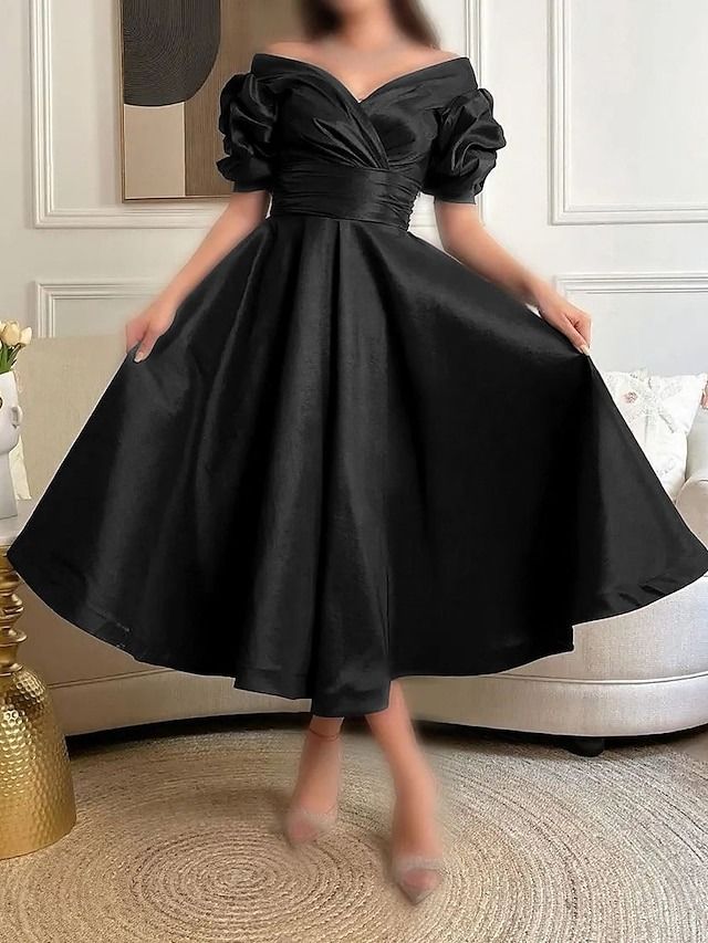 Classy Dress Knee Length, Elegant Black Dress Formal, Pleated V-neck Dress For Banquet, Fitted V-neck Puff Sleeve Dress For Wedding, Pleated V-neck Dress With Fitted Bodice, Pleated V-neck Dress With Fitted Waist, Spring Banquet Dress With Ruched Bodice, Spring Banquet Dress With Ruched Detail, Ruched Dresses For Banquet