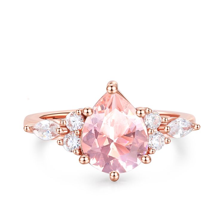 Combining sophisticated design with precise craftsmanship, this pear shaped morganite ring in rose gold tone is a true beauty. This eternity ring is set to sparkle with a pear cut morganite stone setting the white stones that continue all the way round the circumference of the ring. Wear this ring alone or stack it with other rings for a bold look.Carat Weight: 2.948 ctStone Shape: Marquise, Round, PearStone Size: 2.5*5,2.4,8*10 mmStone Type: Jeulia® StoneNumber of Stones: 7 Stone Color: Diamond Elegant Teardrop Morganite Rings, Pink Pear-shaped Gemstone Rings, Pear Shaped Pink Ring For Formal Occasions, Pink Pear-shaped Ring For Formal Occasions, Elegant Pink Teardrop Ring, Pink Pear-shaped Formal Rings, Formal Pink Pear-shaped Rings, Pink Morganite Pear-shaped Jewelry, Pink Pear-shaped Morganite Jewelry