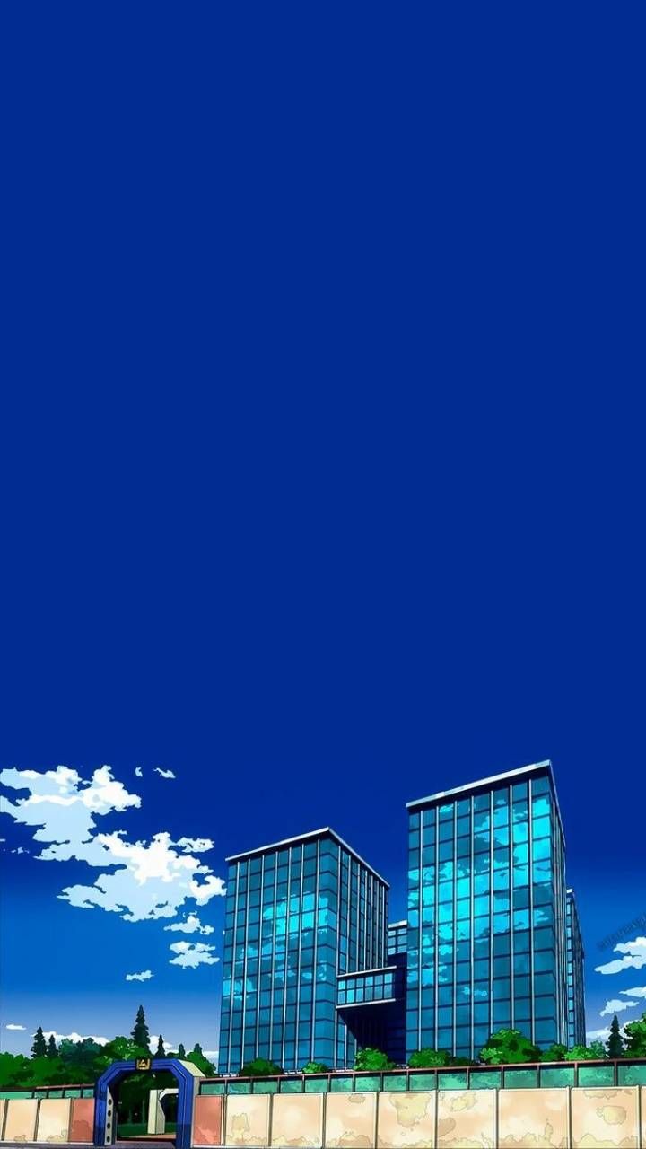 an anime scene with two tall buildings in the foreground, and a blue sky behind them