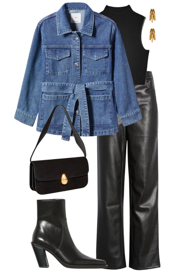 Denim And Leather Outfit, Denim Jacket With Belt Outfit, Denim Leather Outfit, Denim Jacket With Belt, Belted Jean Jacket Outfit, Fall Outfits With Denim Jacket, Denim Belted Jacket Outfit, Denim Blazer Outfits For Women, Belted Denim Jacket