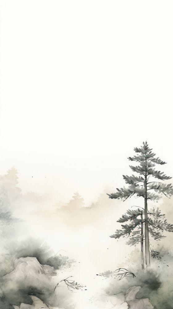 a painting of trees in the middle of a foggy forest