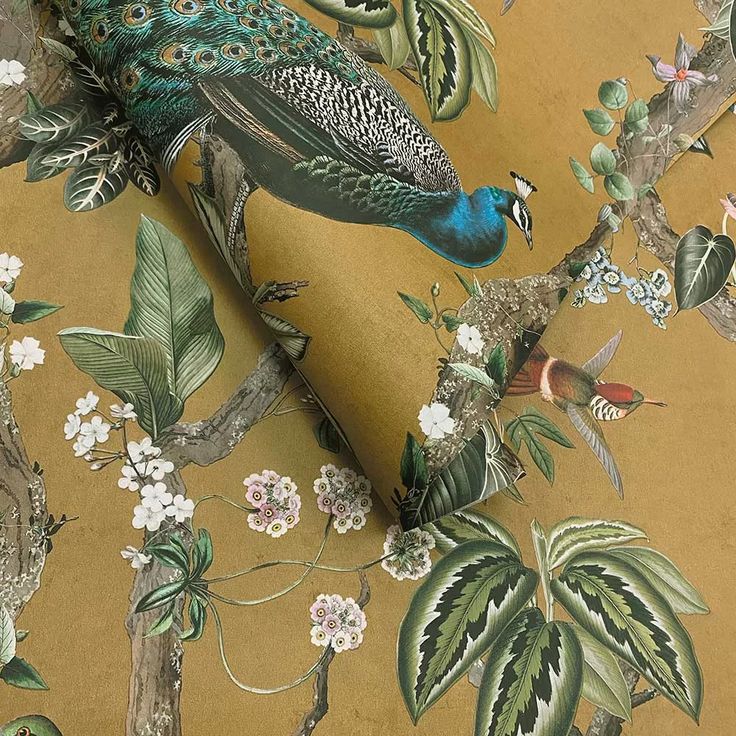 a bird is sitting on the branch of a tree with many flowers and birds around it