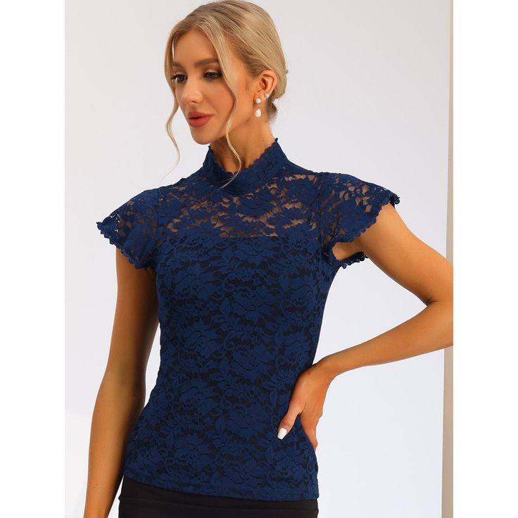 A semi-sheer top featuring an allover floral lace design, round neck, ruffle Sleeve. Great for simple fashion pants or skirts. Pair this sheer lace top with a cami top or tank top. Perfectly match with heels and a clutch bag for an elegant style. The lace blouse can show off your charming side in your daily wear. In its charming design, this top can be a good choice for the upcoming season. Elegant Blue Top With Lace Collar, Casual Non-stretch Lace Top, Blue Fitted Lace Top, Fitted Blue Lace Top, Non-stretch Lace Top With Lace Trim, Spring Tops With Scalloped Lace For Night Out, Chic Non-stretch Lace Tops, Fitted Blue Lace Top With Lace Trim, Fitted Blue Lace Top Blouse