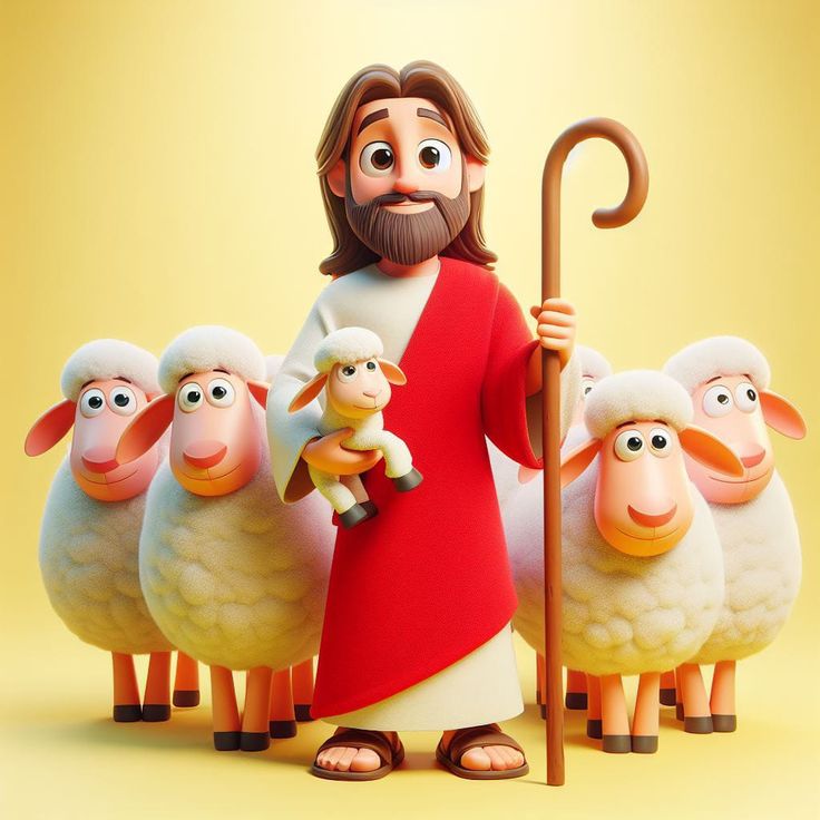 there is a man holding a stick with five sheep in front of him and an infant on his lap