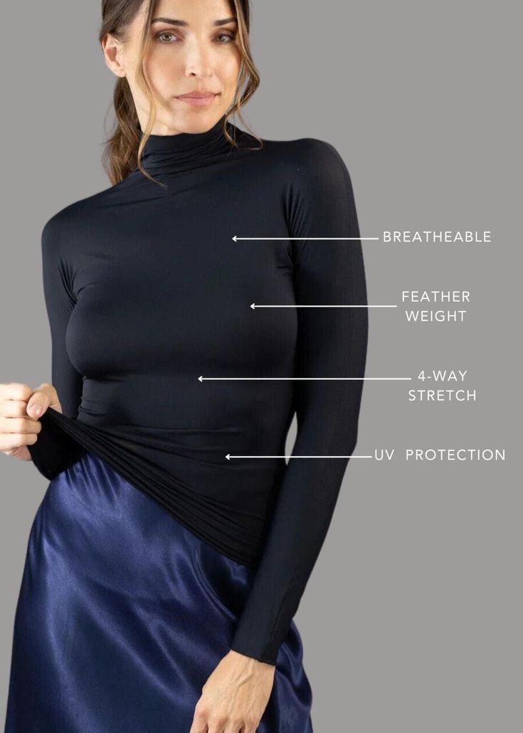 The Long Sleeve Turtleneck adds a sophisticated silhouette to your wardrobe and doubles as active wear with thermal and quick-dry technology. Designed to wear on its own, but is also perfect for layering. Compact, light, thermoregulating and soft, with 4-way stretch. Part of our Signature Collection, this year-round turtleneck is silky, sleek and non-constrictive. Made with Renew Fine fabric, an eco-sustainable fabric created with ECONYL® regenerated nylon thread. All Luxeire garments require no Micro-elastic Elastane Tops With Moisture-wicking, Micro-elastic Moisture-wicking Elastane Tops, Moisture-wicking Micro-elastic Elastane Top, Versatile Workout Tops, Versatile Breathable Tops, Versatile Breathable Elastane Tops, Solid Color Go-dry Micro-elastic Tops, Solid Micro-elastic Go-dry Tops, Fitted Solid Activewear For Layering