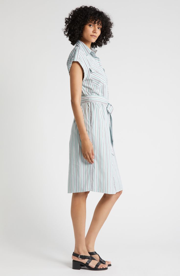 This striped cotton shirtdress evokes utility-inspired style with patch pockets at the chest and roll tabs at the shoulders. 45" length (size Medium) Front button closure Spread collar Short sleeves with roll-tab cuffs Chest flap-patch pockets; side-seam pockets Removable tie belt Unlined 100% cotton Machine wash, line dry Imported Spring Vertical Stripes Shirt Dress For Work, Spring Vertical Stripes Workwear Shirt Dress, Button-up Shirt Dress With Striped Collar For Work, Cotton Short Sleeve Dress With Striped Collar, Short Sleeve Dresses With Vertical Stripes For Work, Striped Midi Shirt Dress For Work, Striped Fitted Cotton Shirt Dress, Fitted Striped Cotton Shirt Dress, Striped Collared Shirt Dress With Button Closure