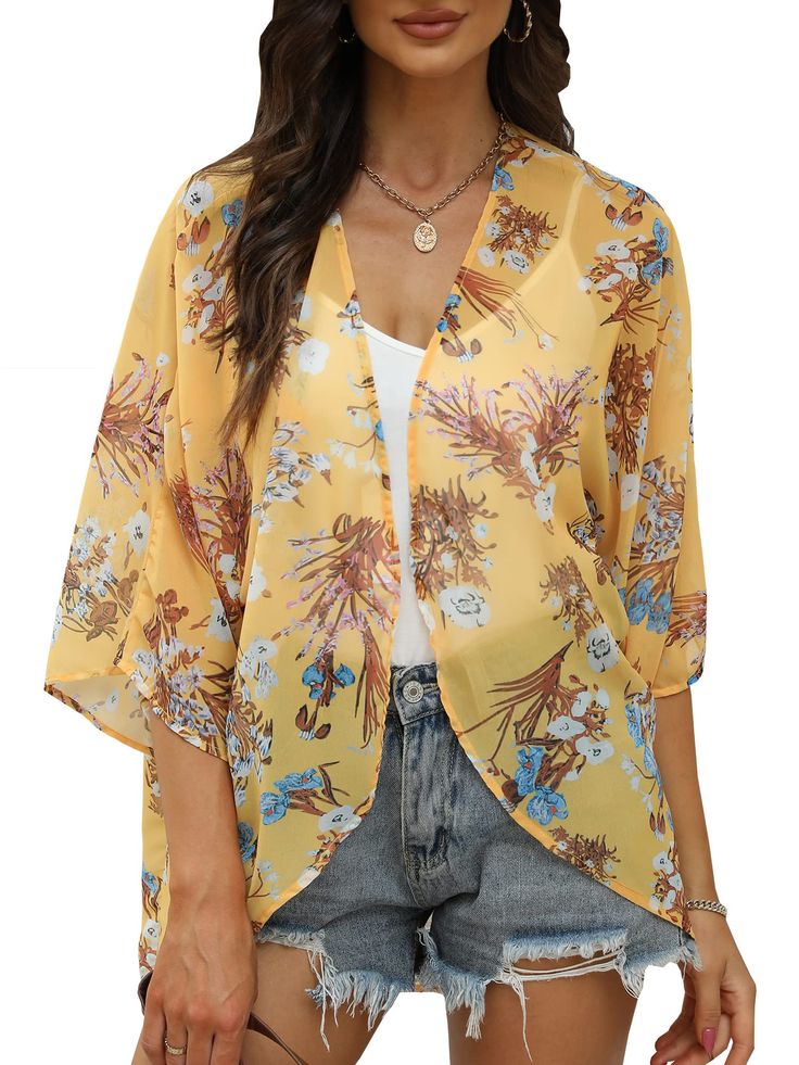 PRICES MAY VARY. High quality chiffon with silky-smooth touch, soft fashion style kimono cover up for women casual outfit, breathable and comfortable for beach wear, Casual lightweight outwear Chiffon Kimono Cardigan: floral print, boho style, short sleeve and open front for beach swim wear, flowy loose fit kimono cover up for casual outfit Perfect for throwing on over your tee shirt and cut off shorts, over a tunic and Leggings, or a skin tight little black dress, elegant women kimono for daily Casual Sheer Summer Cover-up, Chic Spring Layering Cover-up, Chic Wrap Cover-up For Spring, Spring Summer V-neck Cardigan, Summer Chiffon Cover-up, Chiffon Cover-up For Vacation, V-neck Chiffon Beach Cover-up, Casual Sheer Cover-up For Summer, Spring Beachwear Chiffon Cover-up