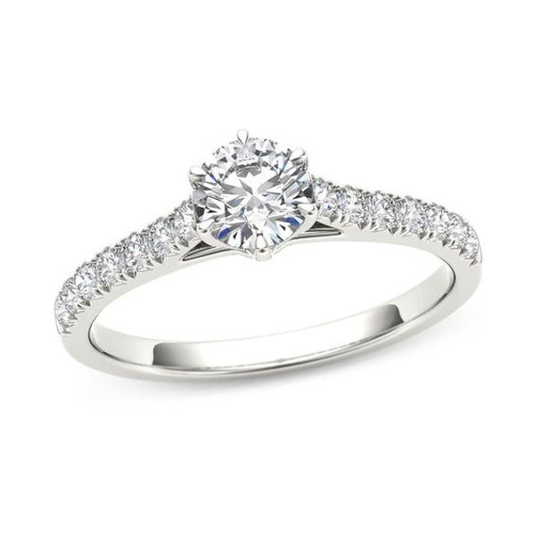 Simply designed with spectacular results, this diamond engagement ring is sure to create a stir. Crafted in cool 14K white gold, this streamlined style features a 1/2 ct. diamond center stone in a six-prong setting atop a cathedral-look shank that sparkles with diamonds. Captivating with 3/4 ct. t.w. of diamonds and a bright polished shine, this engagement ring is certain to dazzle and delight. Classic White Diamond Ring With Tension Setting, White Diamond Ring With Center Stone In Classic Cut, White Diamond Ring With Classic Cut Center Stone, White Diamond Promise Ring With Classic Cut, White Diamond Promise Ring Classic Cut, Classic Cut White Diamond Promise Ring, White Platinum Diamond Ring With Tension Setting, Types Of Gems, Peoples Jewellers