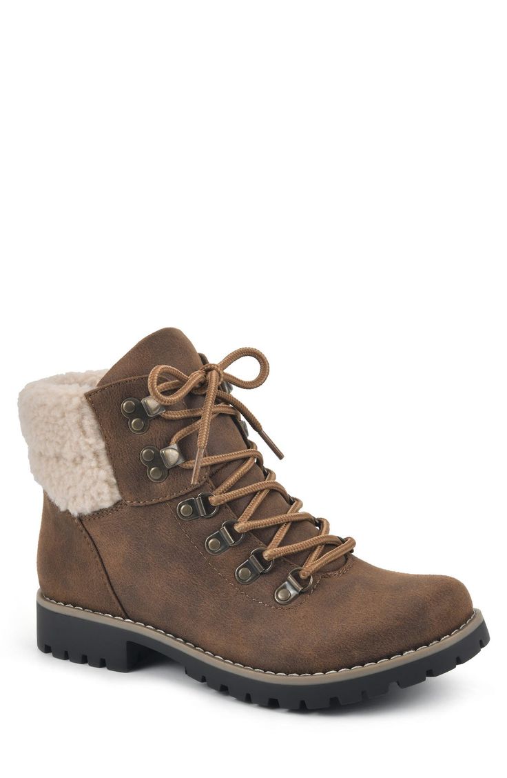 Whether you're ready to enjoy outdoor walks or need something warm and comfortable for city excursions, the Pathfield from Cliffs by White Mountain Shoes ankle boot is the ideal choice to keep you fashionably warm. This hiker-inspired style has rugged utility yet adds a touch of comfort with a sweater cuff to ensure it'll pair perfectly with all of your favorite winter outfits. 1.25" heel; 0.5" platform 5" shaft height; 11" opening circumference Lace-up closure Cushioned insole Round toe Knit co Winter High Ankle Lace-up Hiking Boots, Winter Hiking Lace-up Boots With Round Toe, Brown Weatherproof Lace-up Boots For Fall, Rugged Combat Boots For Fall Outdoor Activities, Winter Outdoor Lace-up Boots With Padded Ankle, Winter Lace-up Boots With Padded Ankle For Outdoor, Winter High-top Weatherproof Lace-up Boots, Winter Ankle-high Lace-up Boots For Hiking, Winter Rugged Hiking Boots With Round Toe