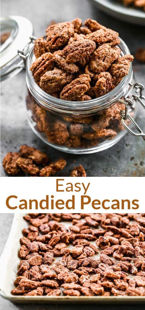 a bowl full of candied pecans sitting on top of a table next to another bowl