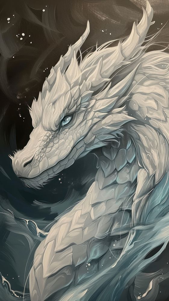 a white dragon with blue eyes swimming in the water, looking like it's coming out of the water