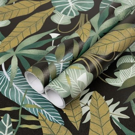 an image of a wallpaper with green and gold leaves on black background for use in interior design