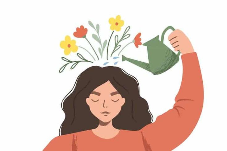 a woman holding a watering can over her head with flowers in it's hair