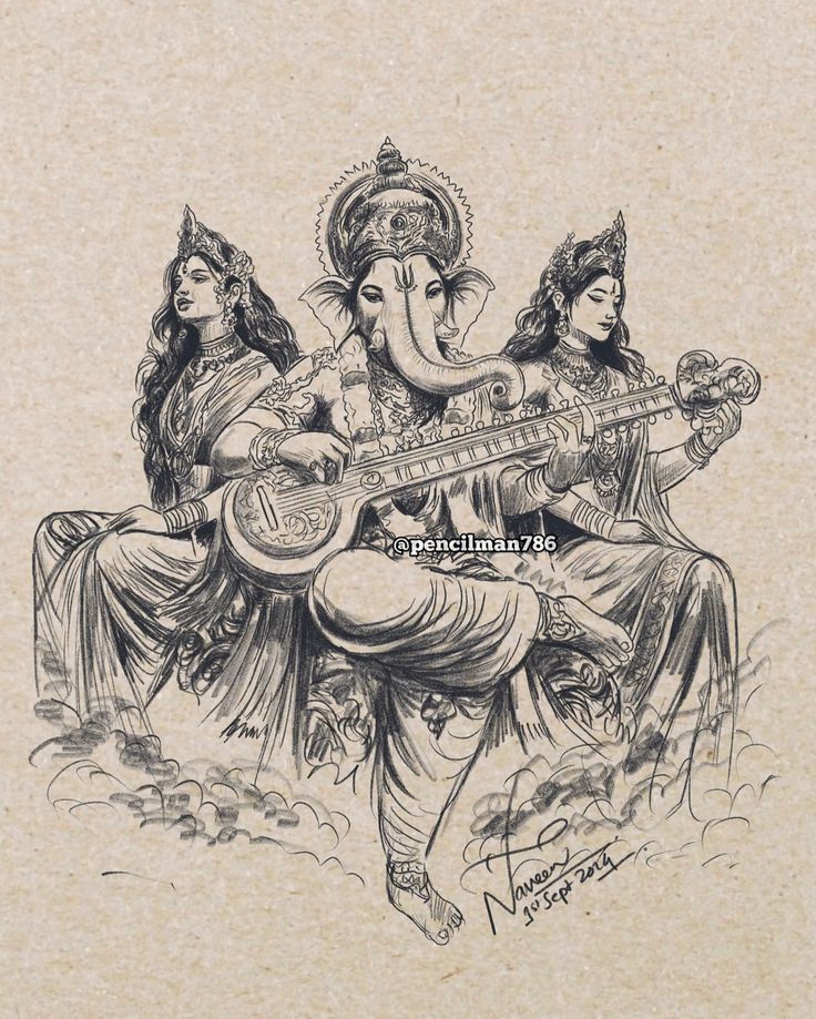 an elephant playing the sita with two women sitting on it's back and one holding