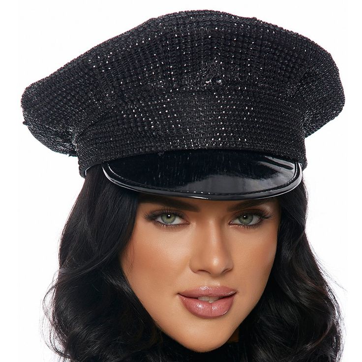 Bling Patrol Style Cop Hat With Rhinestone Overlay And Vinyl Brim. Black. This Is A Rigid, Non-Collapsible, Non-Adjustable Hat. Measures About: 6" High, 10" Diameter Top Of Hat, And 22-1/2" Circumference Around The Inside Of The Head Opening. Inside Does Have A Little Bit Of Stretch To It If Needed. Please Note: Due To Storage And Transit, Hat May Need To Be Gently Reshaped On Arrival. New In Package. Great For Halloween Costumes, Parties, Raves, Festivals Or Role Play In The Bedroom! Black Hat With Rhinestones For Evening, Elegant Black Hats With Rhinestones, Black Evening Hat With Rhinestones, Black Evening Hats With Rhinestones, Elegant Black Visor Hat, Embellished Party Cap, Adjustable Black Hats With Rhinestones, Adjustable Black Hat With Rhinestones, Black Brimmed Hat With Rhinestones