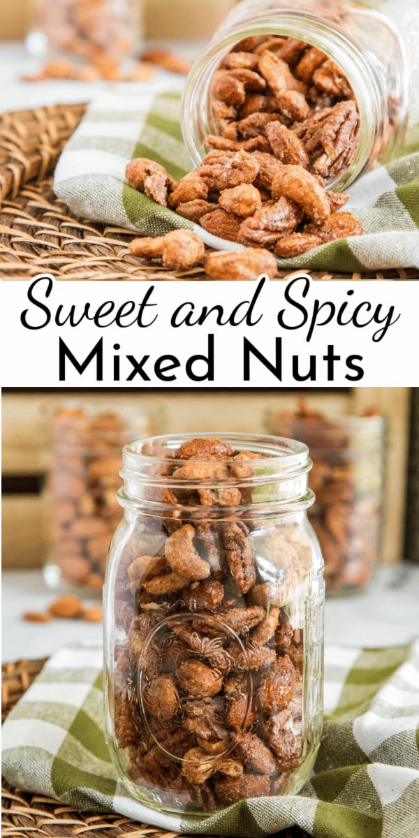 sweet and spicy mixed nuts in a glass jar on a checkered table cloth with text overlay