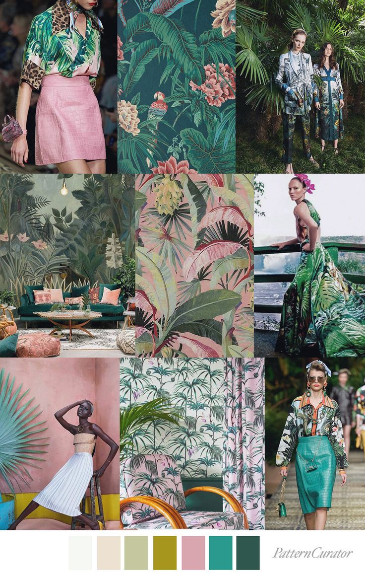 a collage of photos with green and pink colors, including palm leaves on the wall