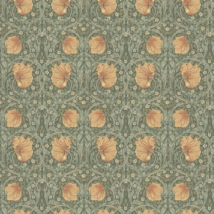 an intricately designed wallpaper with orange flowers on green and gold background, in the style of william & mary