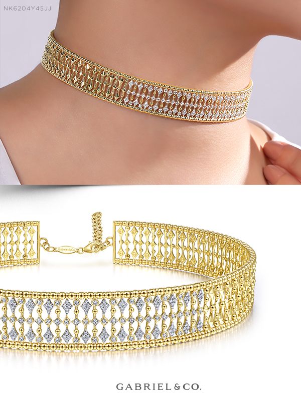 14K Yellow Gold Fashion Necklace NK6204Y45JJ #GabrielNY #DiamondJewelry #FineJewelry #GabrielAndCo #UniqueJewelry #FineJewelry#FashionJewelry#UniqueJewelry#GiftIdeas#UniqueGifts#DiamondJewelry #Jewelry #DiamondStackable#Necklaces#DiamondNecklace #GoldNecklace#YellowGoldNecklace Luxury Diamond Choker For Formal Occasions, Dazzling Necklace With Intricate Design, Elegant Gold Diamond Necklace With Clavicle Chain, Luxury Filigree Diamond Necklace For Formal Occasions, Formal Gold Plated Clavicle Chain Diamond Necklace, Elegant Choker With 17 Jewels For Party, Formal Gold Plated Clavicle Diamond Necklace, Formal 14k Gold Choker Jewelry, Elegant Clavicle Chain Choker