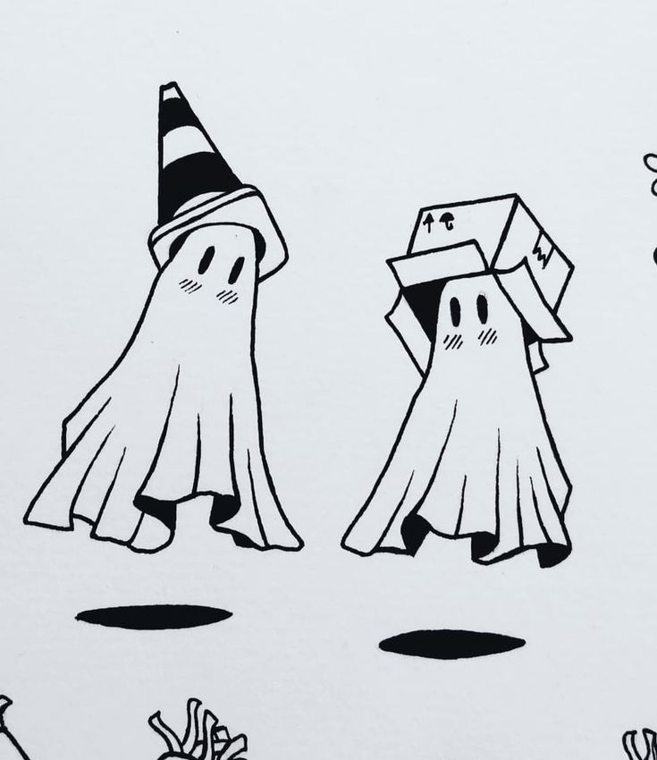 two cartoon characters wearing halloween hats and ghost costumes, one holding a box while the other holds a paper bag