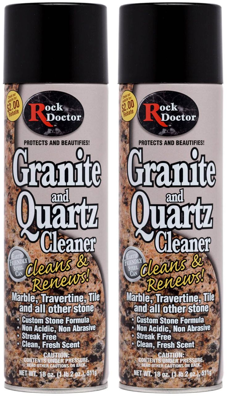 two bottles of rock doctor granite and quartz cleaners on a white background with black caps