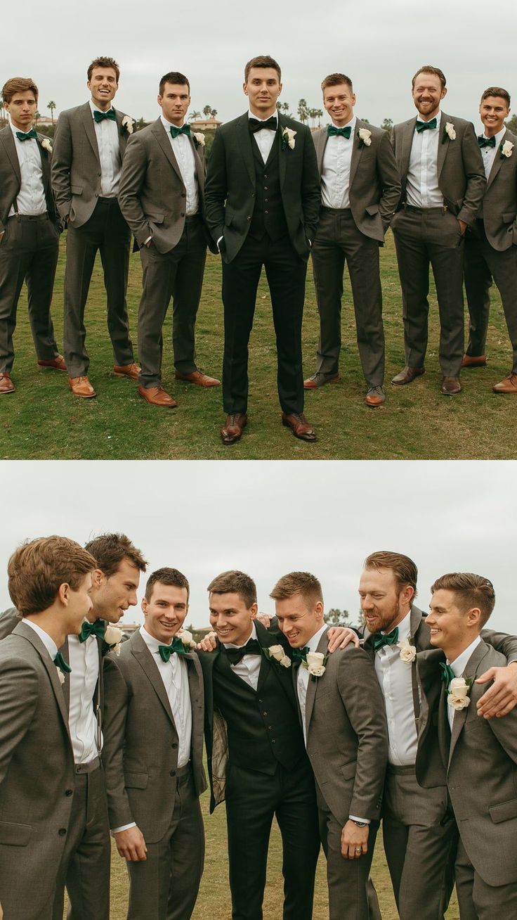 a group of men standing next to each other on top of a lush green field