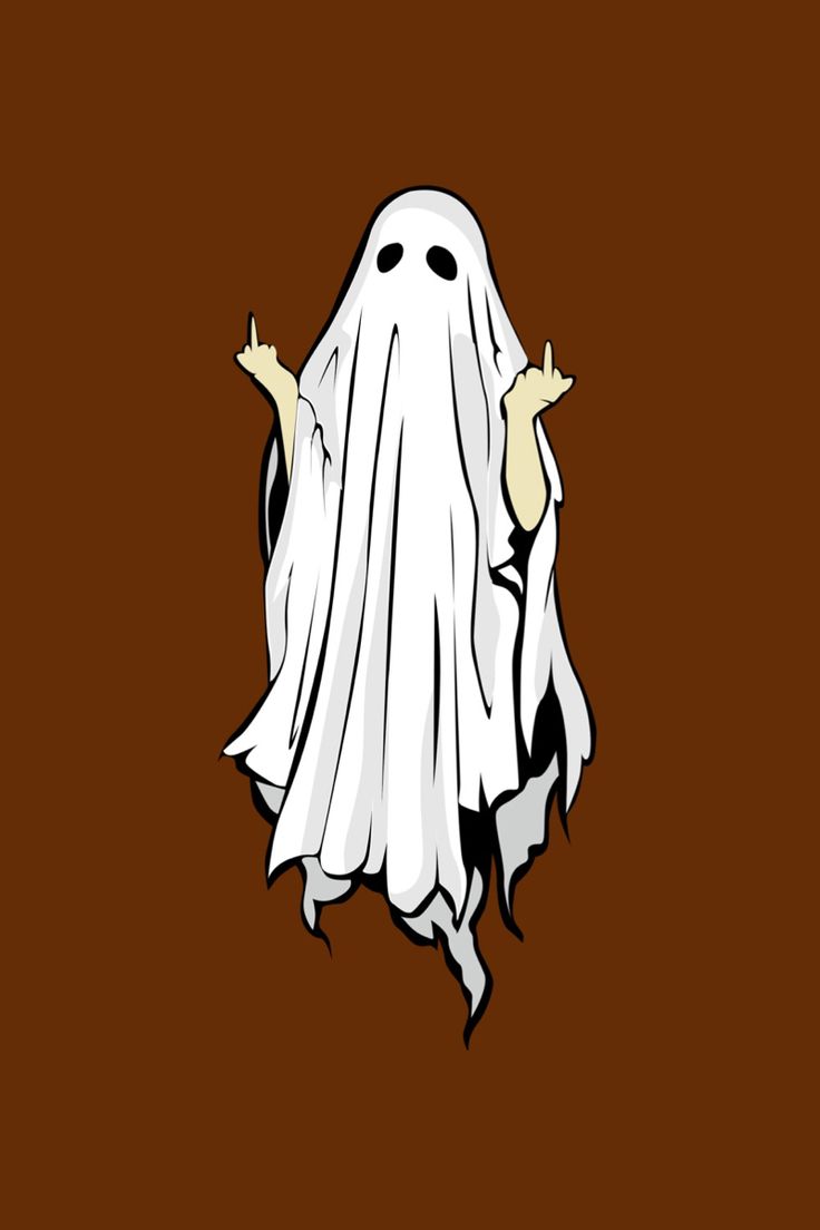 a ghost with arms outstretched and eyes wide open in front of a brown background,