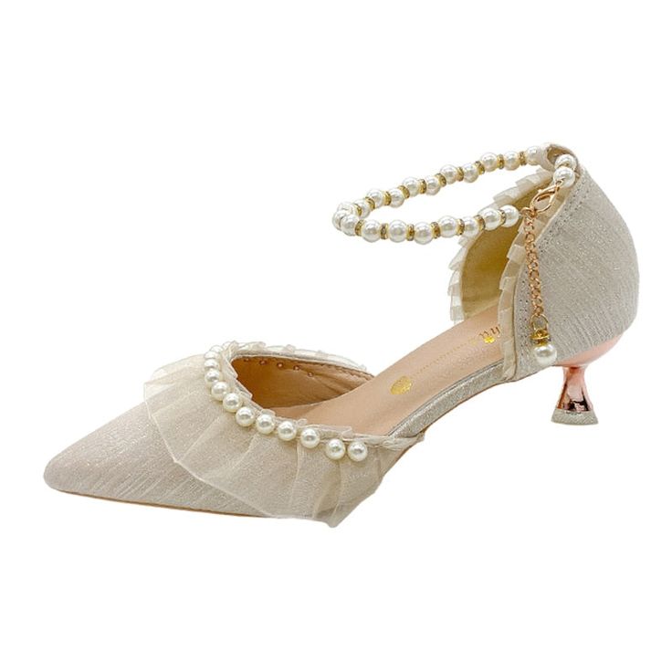 Luxury Silk White Wedding Shoes for Women Summer Pearl Ankle Straps High Heels Pumps Woman Pointed Toe Heeled Dress Shoes Summer Banquet High Heels, Summer Banquet Heels With Round Toe, Summer Banquet Heels, Summer Banquet Heels With Pointed Toe, Fitted Ankle Strap Heels For Banquets, Spring Ankle Strap Heels For Banquets, Spring Banquet Heels With Ankle Strap, Fitted Ankle Strap Heels For Banquet, Spring Banquet Ankle Strap Heels